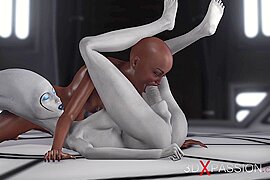 Sexy sci-fi female alien plays with a black girl in the space station - free porn video