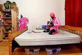 Self Bondage In Pvc Layers Steel Chastity Belt And Large Dildo Locked - free porn video