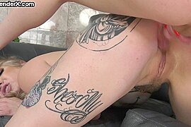 Dominant Tranny fucks tattooed strapon babe n rides her toy - free porn video