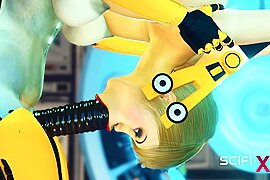 Sci-fi BDSM cuffed and fucked. A sexy young hottie and shemale android in the lab (18+) - free porn video