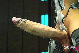 A hot busty cuffed girl gets fucked hard by a sex robot dickgirl in the sci-fi lab - free porn video