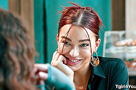 Busty shemale Emma Rose bangs her college gf in public cafe - free porn video